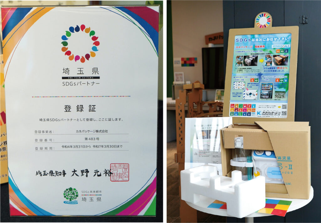 左の写真は「埼玉県ＳＤＧｓパートナー」の登録証。右は素材を発泡材から段ボールへ変更した梱包材。これにより、ＣＯ２の排出量が約80％削減できたとのこと
