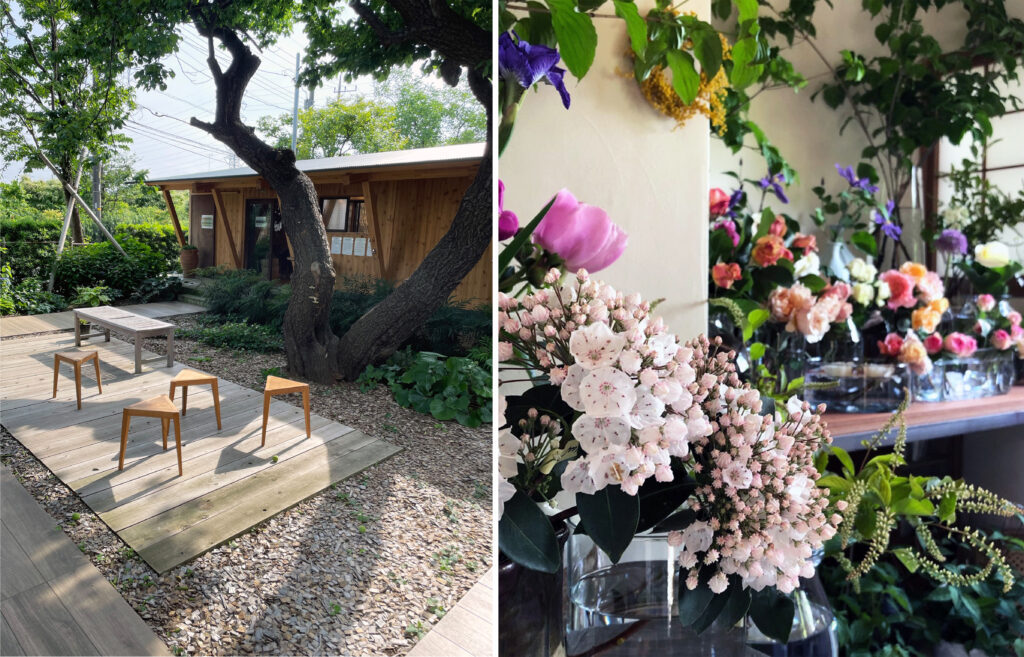 右の写真は季節の切り花が並ぶ店内。左は「待つ間少しでも楽しんでもらえるように」と、きようかさんが設計した店の庭