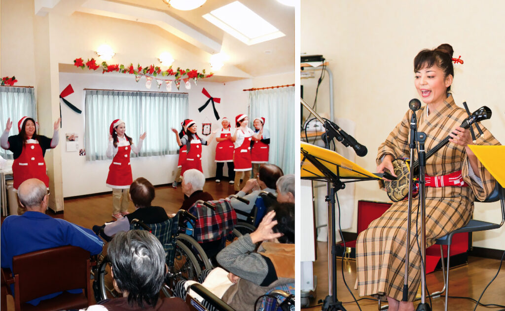 イベントも開催。楽しそうな「クリスマス会」と、得意の沖縄民謡を披露する高橋社長
