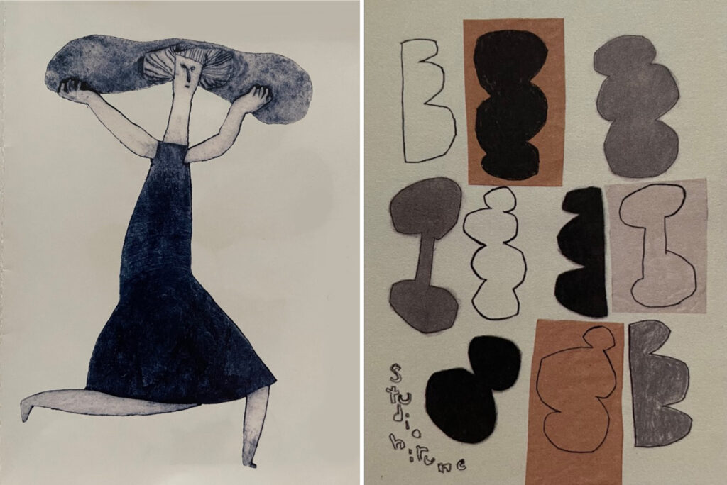 柿崎さんの作品。版画作品「雲、ぬすびと」と、紙、コンテ、コラージュによるカタチ・ドローイング作品
